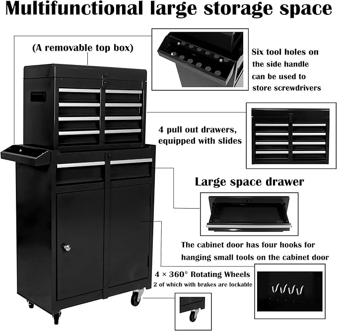 5 Drawer Rolling Tool Chest,Tool Storage Cabinet & Tool Box Cart with Wheels, Big Tools Removable Tool Box Combo,Tools Storage Boxs,Tools Case for Garage Warehouse Workshop (Black)