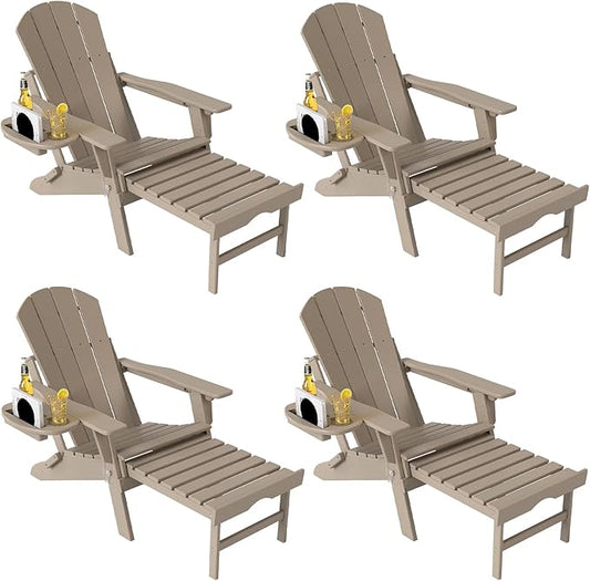 Adjustable Adirondack Chair with Retractable Ottoman Set of 4, HDPE Folding Adirondack Chair with Cup Holder, All Weather Fire Pit Chair for Outdoor.