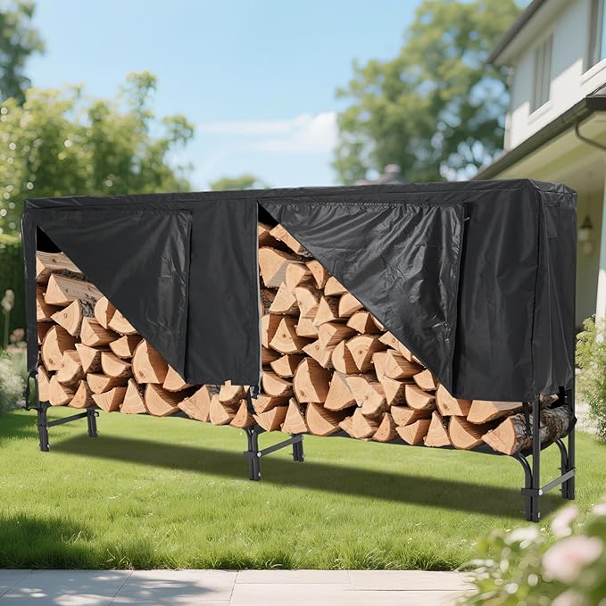 Towallmark 8Ft Firewood Rack with Cover, Heavy Duty Firewood Racks with Weather Resistant 600d Oxford Fabric Cover, Indoor/Outdoor Wood Rack
