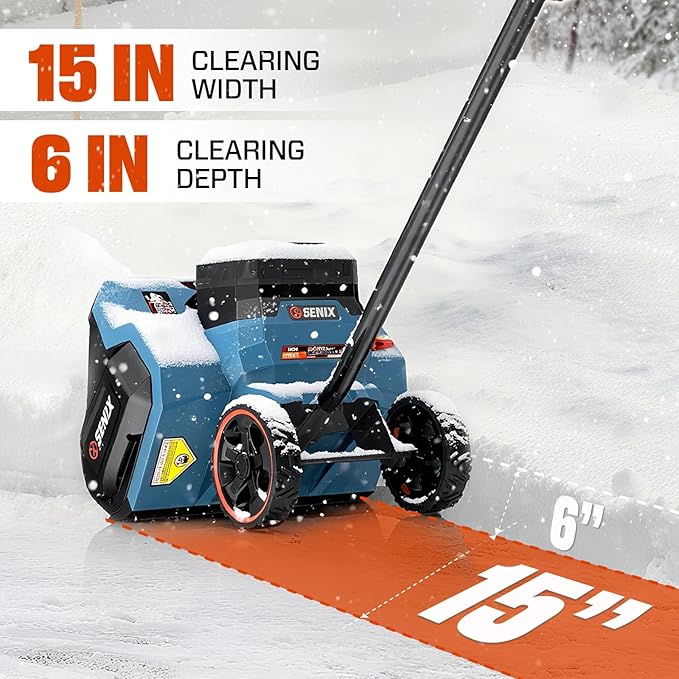 SENIX 60V 15" Cordless Snow Blower, Snow Shovel with Wheel for Decks, Steps, Driveways & Walkways | Steel Auger, 6000mAh Battery, 6" Depth, 33FT Throw, 600lbs/m, LED Lights, 2 Speed, 75° Direction