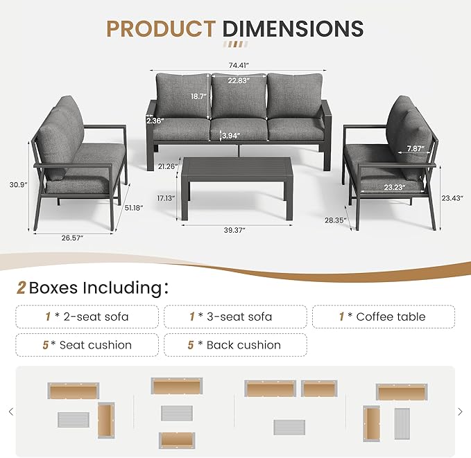 Aluminum Patio Conversation Set with Coffee Table 3PCS Deck Outdoor Furniture 5-Seat All-Weather Rust-Proof Sectional Sofa Set with Removable Cushion for Backyard, Poolside & Small Spaces