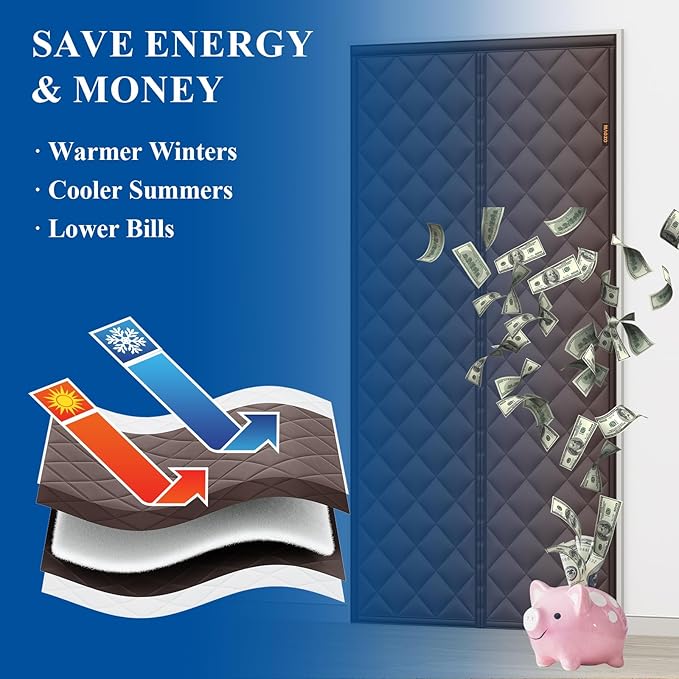 MAGZO Magnetic Thermal Insulated Door Curtain, 36" x 80", Upgraded Oxford Filled with Thicken Cotton, Weatherproof Insulation Cover Blanket for Winter/Sliding Glass/Patio Doors, Keep Cold Out, Brown