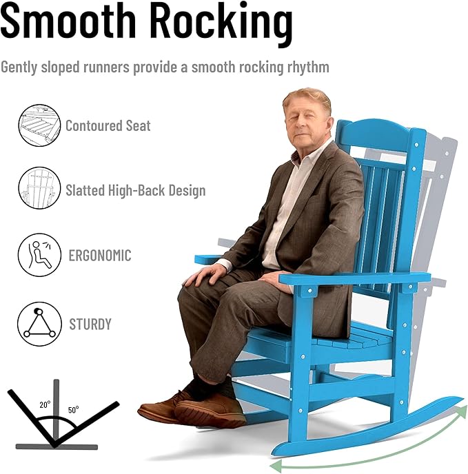 Outdoor Rocking Chairs Set of 6, Oversized High Back Patio Rocking Chairs, All Weather Porch Rocking Chairs for Outside. Pacific Blue