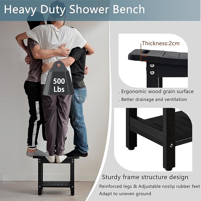 Shower Stool for Inside Shower, Plastic Shower Seat, Heavy Duty Shower Bench to sit on, Shower Chair for Shaving Legs, Adjustable Feet,Non-Slip(Black)