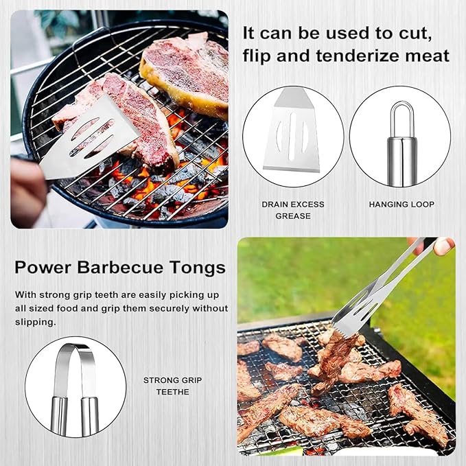 BBQ Grill Tool Set, 3Pcs Stainless Steel Barbeque Grilling Tool Set, Includes a Spatula/Fork/Pair of Tongs, and a Cloth Storage Bag, BBQ Tools for Backyard Outdoor Kitchen (3 Pack)