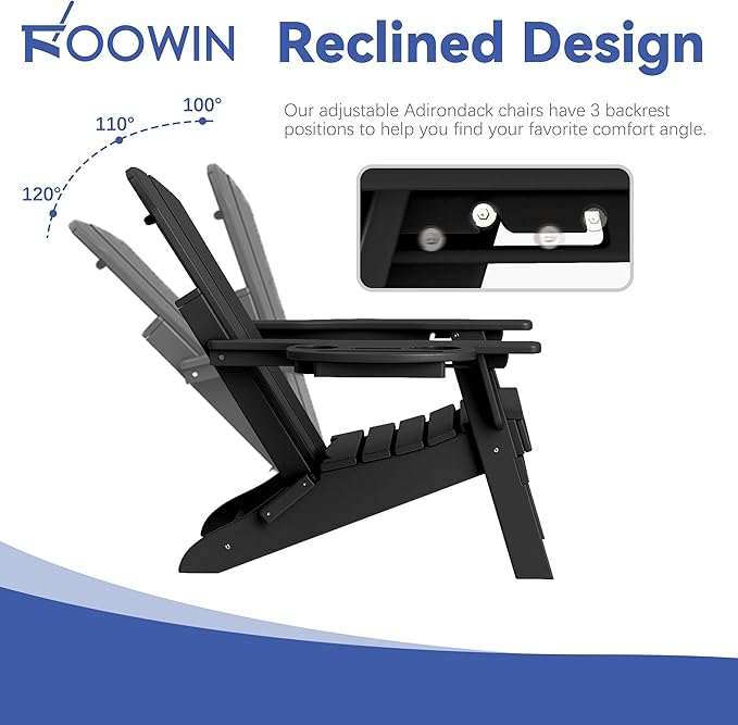 FOOWIN Folding Adjustable Adirondack Chair Set of 2,HDPE Adirondack Chair w/4 in 1 Cup Holder Trays,All-Weather Resistant Fire Pit Chair, Outdoor Chair for Patio Lawn Poolside,400lbs,Black