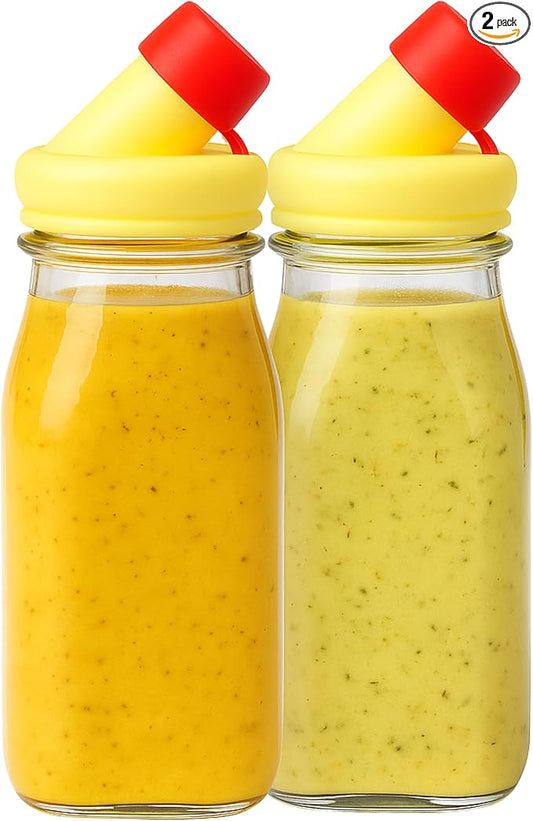 kitchentoolz Salad Dressing Shaker Bottle – 12oz Glass Bottle with Silicone Pour Spout and Tamper-Proof Lid for Sauces and Marinades - Pack of 2