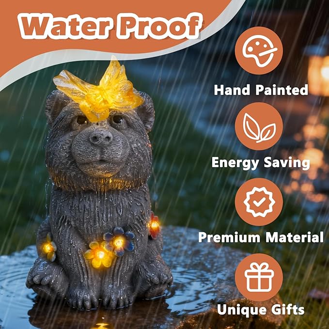 Adorable Baby Bear Garden Statue with Solar Butterfly Light - Cute Bear Cub Figurine with Flower Accents - Outdoor Decor for Patio Lawn - Christmas Housewarming Birthday Gifts for Grandma Mom Women