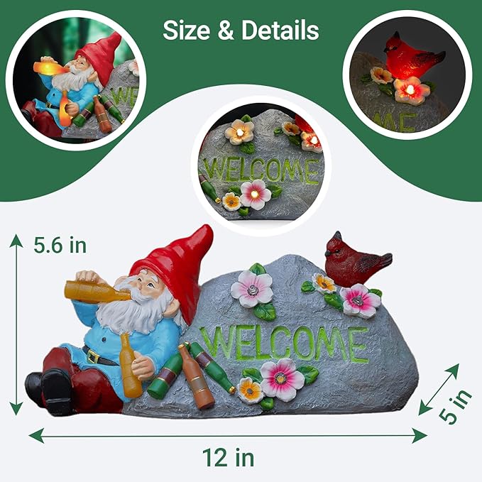 Funny Garden Gnomes Statue with Welcome, Solar Outdoor Gnomes Decorations for Yard, Patio, Lawn, Christmas Birthday Housewaming Gifts for Dad, Men, Husband, Grandpa, 11.8 Inch, Resin