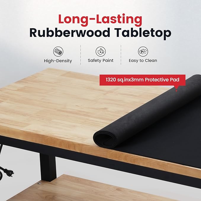 Work Table for Garage 60 x 22 Inch Adjustable Height Workbench Heavy Duty Rubberwood Tabletop Work Bench with Power Outlets Pegboard Pad for Woodworking Shop, Home, Office