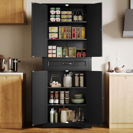 Gizoon 71'' Kitchen Pantry Storage Cabinet, Freestanding Pantry Organizers and Storage Cabinet with 4 Doors and 4 Adjustable Shelves, Tall Cabinet with Large Drawer for Kitchen, Living Room, Bathroom