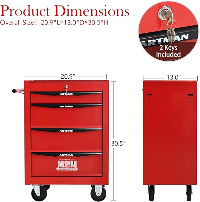 4 Drawers Rolling Tool Box on Wheels, Multifunctional Tool Cart, Drawers Rolling Trolley Organizer Tool Storage Chest for Warehouse,Garage,Workshop,Repair Shop (4 Drawers-30.5" H)