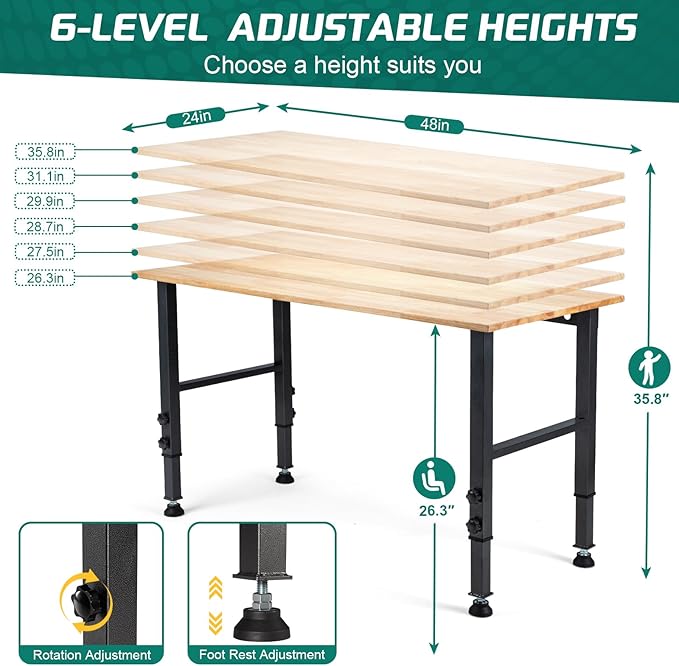 48 "Adjustable Workbench, Heavy Duty 2000 LBS Load Capacity Hardwood Workbench Suitable for Workshop, Office, Garage, Home (Rubber Pad丨No Power Outlets 48"x24")