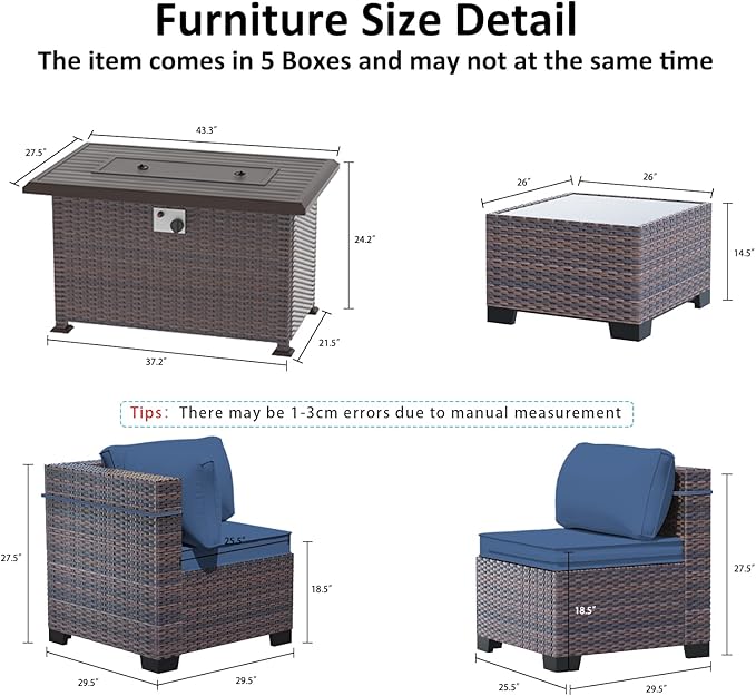 Outdoor Patio Furniture Set with Gas Fire Pit Table, 8 Pieces Outdoor Furniture Set Patio Sectional Sofa w/43in Propane Fire Pit, PE Wicker Rattan Patio Conversation Sets (Dark Blue)