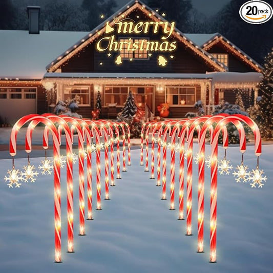 Solar Christmas Lights Outdoor Decorations, 20 Pack Solar Christmas Candy Cane Lights with Snowflake, Outdoor Waterproof Pathway Lights for Patio, Garden, Yard, Street, Park, Holiday