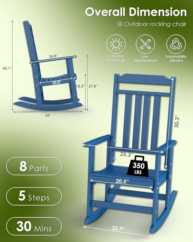 GREENVINES Outdoor-Rocking-Chair | HDPE Plastic | Patio Rockers | Porch Rocker Chairs | Oversized | High Back | Big & Tall | Blue