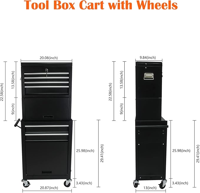 6 Drawers Rolling Tool Box Organizer,2 Tier High Capacity Tool Chest with Wheels,Lockable Rolling Tool Chest with 2 Cabinet,Detachable Tool Box Workshop Storage Cabinet(2 Tier-6 Drawers(Black))