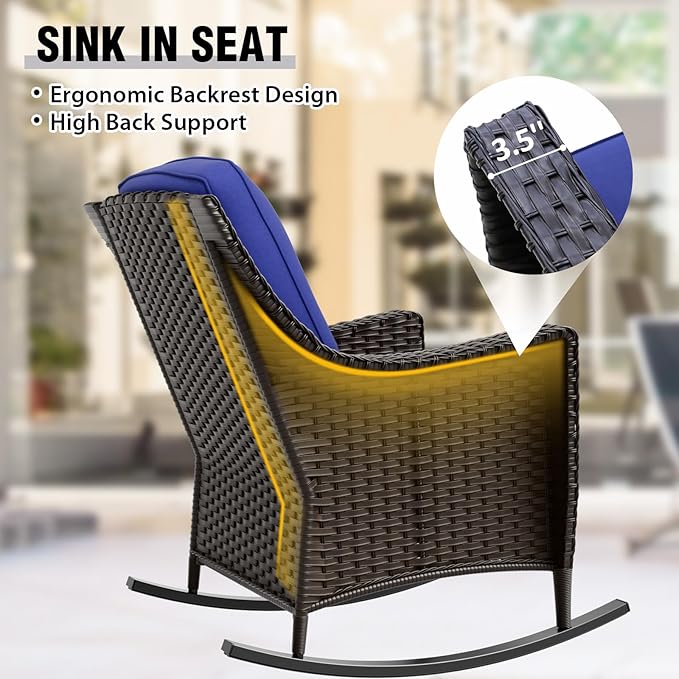 COOS BAY Stone Harbor Patio Bistro Set, 3 Piece Rattan Patio Table and Chairs Set, Wicker Rocking Chairs with Side Table, Small Balcony Furniture Set, Brown/Blue