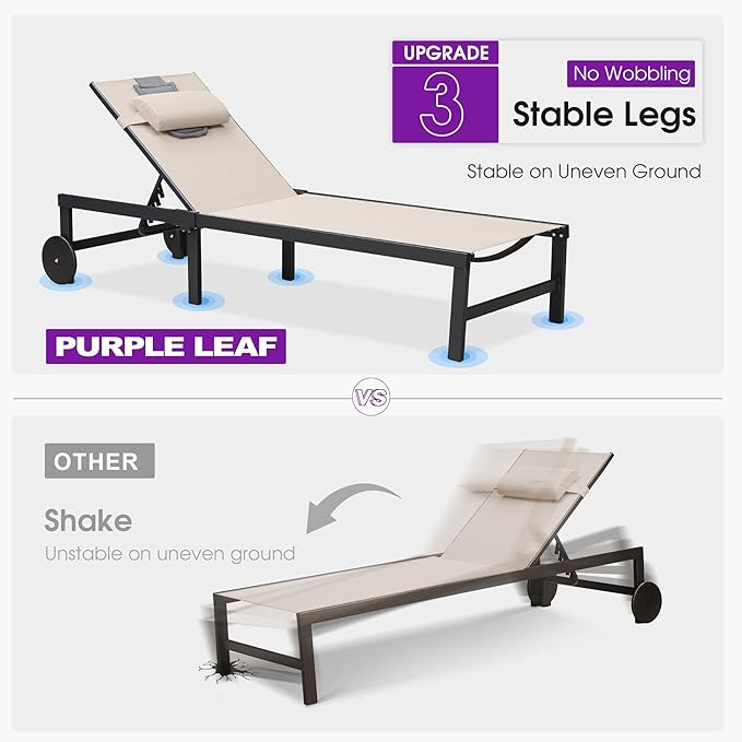 PURPLE LEAF Outdoor Tanning Lounge Chair Set with Face Hole Aluminum Adjustable Chairs Wheels Pillows and Table for Poolside Beach Patio Reclining Sunbathing Lounger Beige