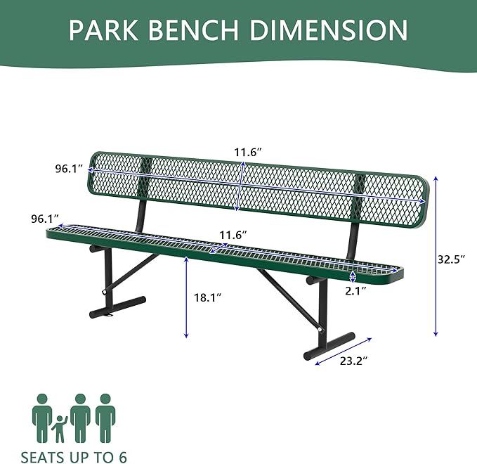 8 Ft Metal Park Bench for Outside, All-Weather Thermoplastic Coating Outdoor Bench with Backrest, Commercial Heavy Duty Benches for Shopping Malls, Stores, Parks, Patios, Decks, Green