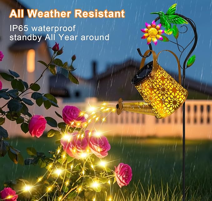 Solar Metal Watering Can with Hummingbrid Shepherd Hook and Cascading Lights - Outdoor Solar Lantern for Garden, Yard, Patio Decor and Gardening Gifts for Women Mother's Day