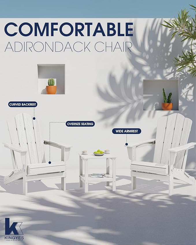 KINGYES Folding Adirondack Chair Set of 2, HDPE All-Weather Folding Adirondack Chair, White