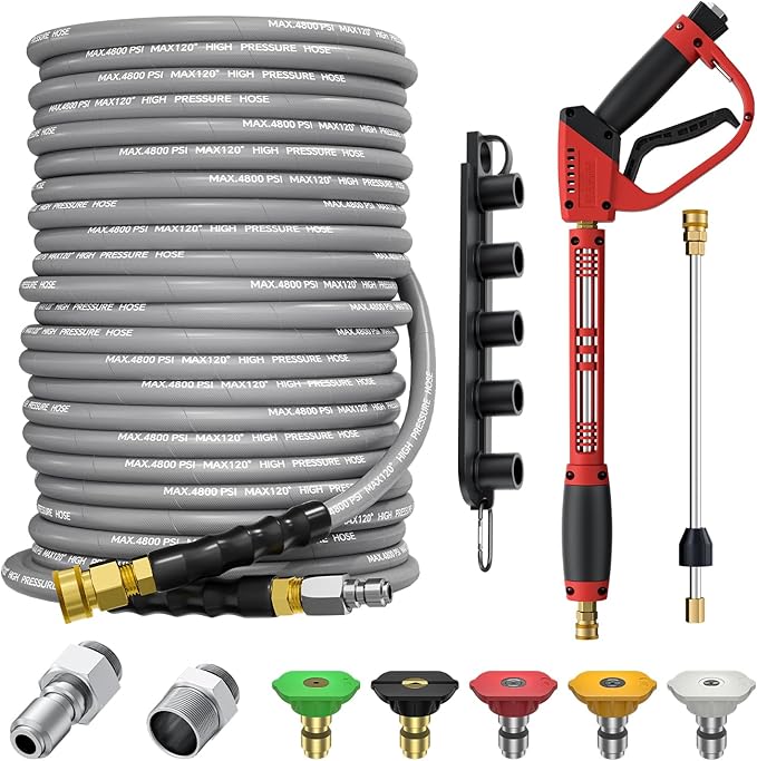 5000PSI Pressure Washer Gun and Hose Kit, 100FT Kink Resistant Steel Braided Power Washer Hose with 3/8" Swivel Quick Connector and M22 14mm Adapters Replacement/30" Extension Washer Wand