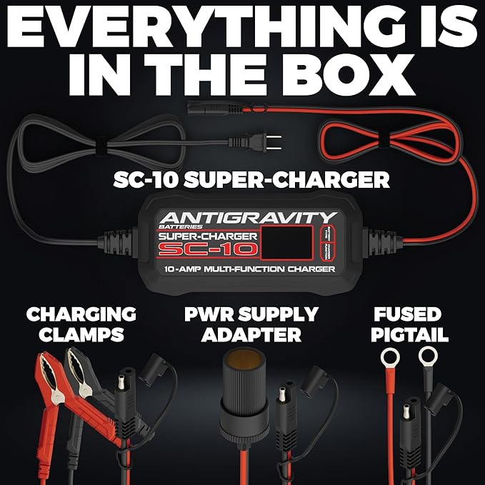 Antigravity SC-10 Super-Charger – 10A Smart Battery Charger & Maintainer for 6V/12V Lithium (LiFePO4) & Lead-Acid Batteries – LCD Display, Power Supply, BMS Reset, Multi-Protection