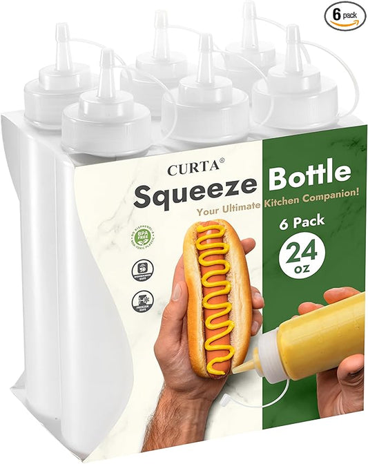 CURTA 6-Pack 24 oz Clear Squeeze Bottle with Cap, BPA-Free Easy-to-Squeeze Plastic Condiment Dispenser with oz & ml Markings for Sauce, Oil, Dressing, Dishwasher Safe, White