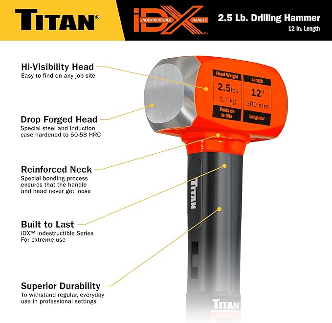 Titan iDX 63612 2.5lb Drilling Hammer, Sledgehammer with 12" Indestructible Handle Reinforced with Steel Locking Plates & Steel Bars, Vulcanized Rubber Grip, Overtstrike Protection