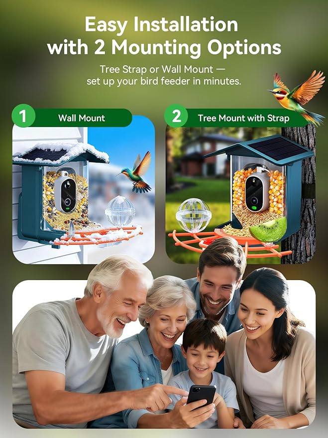 2.5K Smart Bird Feeder with Camera Solar Powered, AI Bird Species Identification, Auto Squirrel Deterrent, Real-Time Video Notifications, Weatherproof, Ideal Gift for Family and BirdLovers, Navy Blue