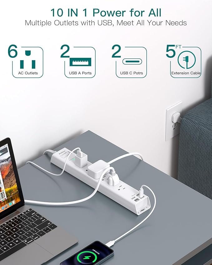 Power Strip Surge Protector - Addtam Extension Cord with 6 AC Outlets and 4 USB Ports (2 USB-C), Flat Plug Extension Cord, Wall Mount for Home, Office, College Dorm Essentials, ETL Listed, White