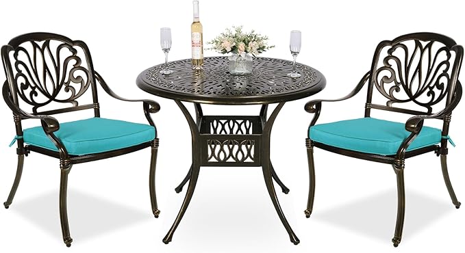 MEETWARM 3 Piece Patio Bistro Set, Outdoor All-Weather Cast Aluminum Dining Furniture Set Includes 2 Cushioned Chairs and a 35.4” Round Table with Umbrella Hole for Garden Deck, Ocean Blue