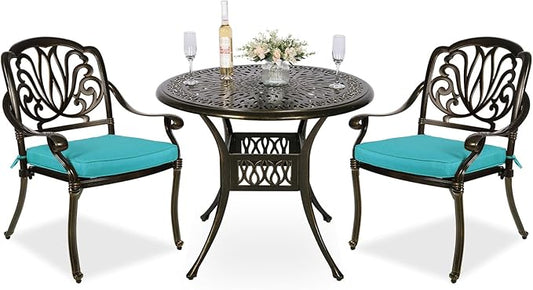 MEETWARM 3 Piece Patio Bistro Set, Outdoor All-Weather Cast Aluminum Dining Furniture Set Includes 2 Cushioned Chairs and a 35.4” Round Table with Umbrella Hole for Garden Deck, Ocean Blue