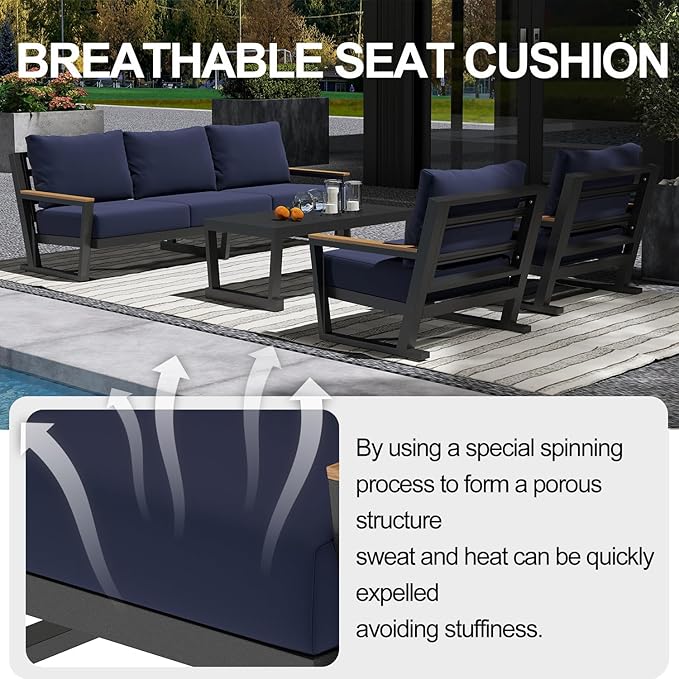 Aluminum Outdoor Furniture with Coffee Table,5 Seats Patio Furniture Set Sectional Waterproof Sofa with Conversation Set Table with Upgrade and Washable Cushion Blue