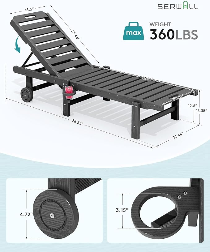 SERWALL Patio Chaise Lounge Set of 4, 78" Length Outdoor Lounge Chair with 5 Positions Adjustable Backrest, HDPE Lounge Chair with Rolling Wheels & Cup Holder for Poolside, Beach, Garden, Grey