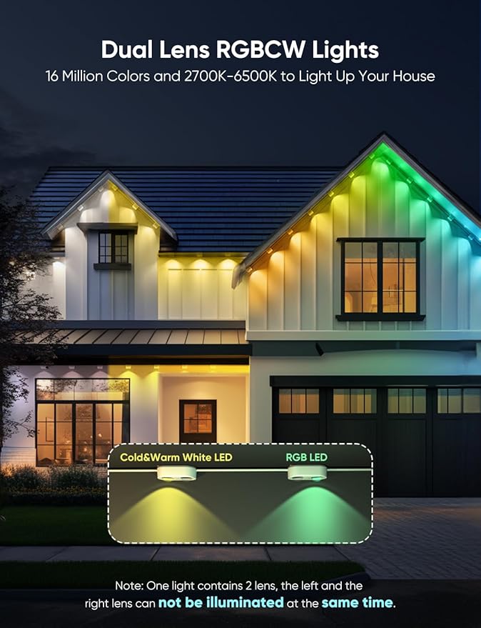 APPECK Permanent Outdoor Lights Pro 100ft, 72W RGBCW Eaves Lights with 72 LED Lights, 80lm, Cuttable, 111 Scene Modes, IP67 Waterproof Lighting for Halloween Decoration, Compatible with Alexa, White
