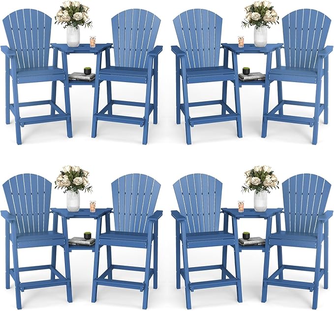 FOOWIN Tall Adirondack Chair Set of 8, All Weather HDPE Bar Height Adirondack Chair with Double Connecting Trays, Adirondack Barstools for Balcony, Deck, Backyard, Patio, Garden Navy Blue