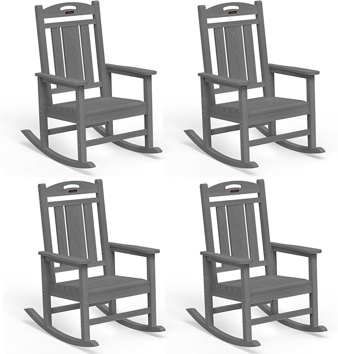 Ciokea Outdoor Rocking Chairs Set of 4, HDPE Porch Rocking Chairs for Outside, All-Weather Comfortable Patio Front Rockers for Deck Balcony, Grey