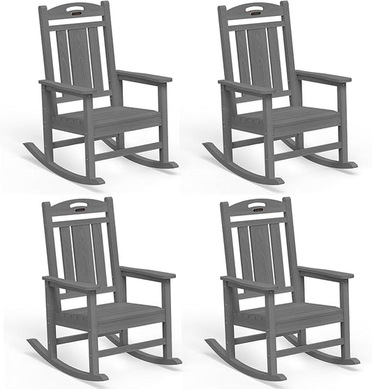 Ciokea Outdoor Rocking Chairs Set of 4, HDPE Porch Rocking Chairs for Outside, All-Weather Comfortable Patio Front Rockers for Deck Balcony, Grey
