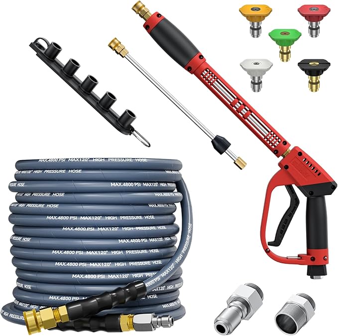 5000PSI Pressure Washer Gun and Hose Kit, 50FT Kink Resistant Steel Braided Power Washer Hose with 3/8" Swivel Quick Connector and M22 14mm Adapters Replacement/30 Extension Washer Wand