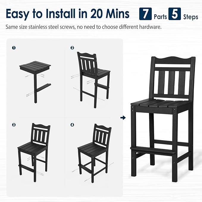 nalone Outdoor Bar Chairs and Table Set, HDPE Balcony Adirondack Chairs and Tables 3 Pieces Set, Outdoor Bar Stools for Garden, Yard, Backyard (Black, Bar Chairs with Table)