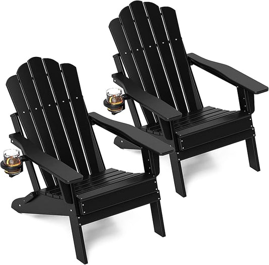 FOOWIN Adirondack Chair Set of 2, Folding Adirondack Chair with Cup Holder, HDPE All-Weather Fire Pit Chair for Patio, Garden, Backyard, Poolside, Black