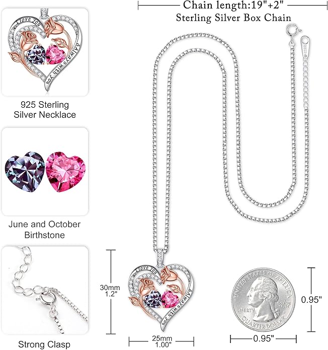 Iefil Christmas Gifts for Women Wife - 925 Sterling Silver Rose Heart Birthstone Necklace Birthday Anniversary Jewelry Gifts for Her Wife Mom Daughter