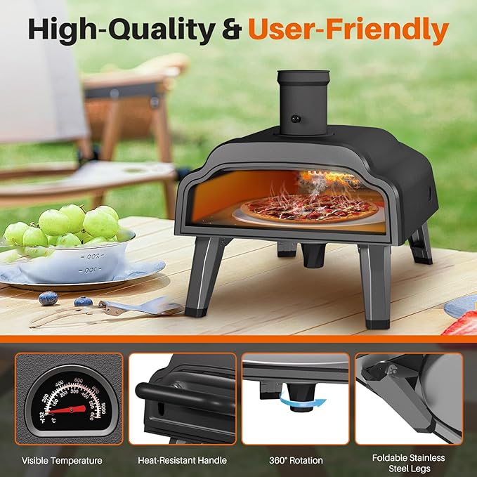Multi-Fuel Pizza Oven Outdoor,12" Wood Fire & Propane Pizza Oven, Portable Rotating Pellet Gas Pizza Maker for Grill with Thermometer,Dual Fuel Stainless Steel Pizza Maker for Backyard Camping
