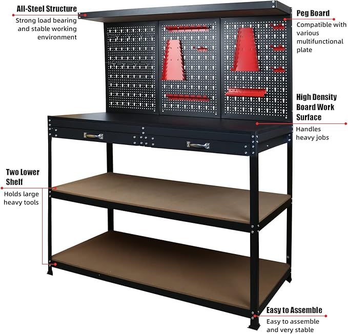 Prostormer Workbench, 47.25 inch Multipurpose Garage Worktable with Peg Board Hook Kit and Drawers for Home, Garage, and DIY Projects