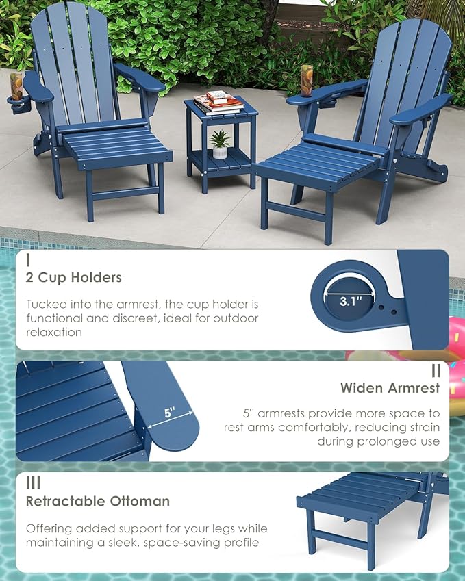 GREENVINES Adjustable Adirondack Chair with Retractable Ottoman Set of 4 | Folding | HDPE Plastic | Fire Pit Chairs w/Foot Rest | 2 Cup Holders | Blue | for Outdoor Patio Poolside Deck