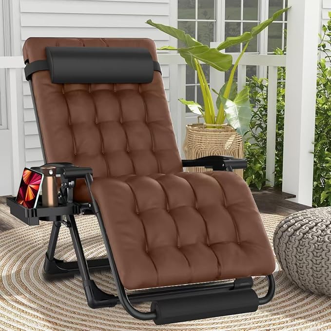 XXL Zero Gravity Lounge Chair 33", Oversized Padded Folding Recliner for Patio with Storage Bag, Removable Cushion, Footrest, Full Aluminum Lock & Large Cup Holder, Supports 500 lbs, Brown