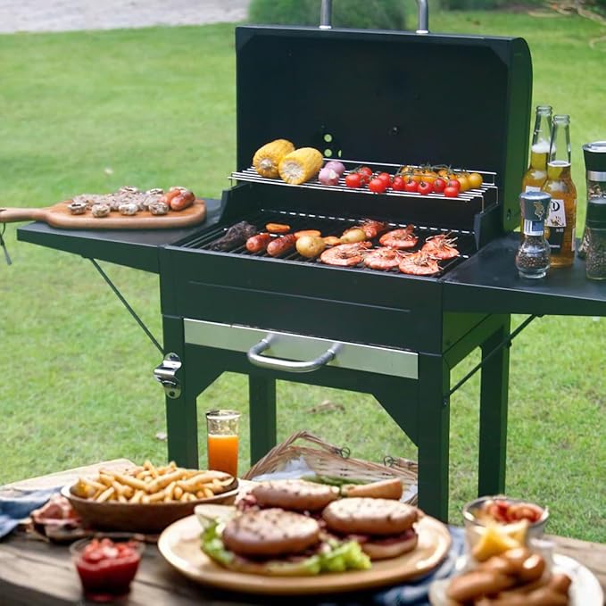 MASTER COOK Charcoal Grills with Two Side Tables, 17'' Outdoor Smoker Barbecue bbq grill for Camping, Patio,Backyard Party, Picnic, Black