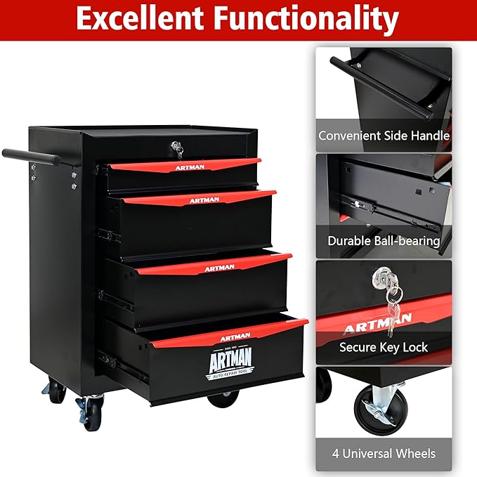 4 Drawers Tool Cart on Wheels, Multifunctional Rolling Tool Storage Chest, Drawers Rolling Trolley Organizer Tool Box for Warehouse, Garage, Workshop, Repair Shop (4 Drawers-30.5" H)
